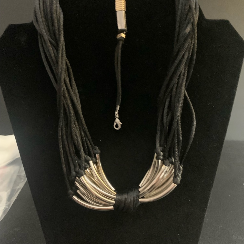 J#7 Classy Silver Necklace with Satin Cords and Silver/Gold Black Bracelet. - Picture 2 of 8